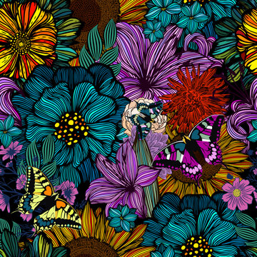 Seamless background pattern illustration. Graphic beautiful different flowers. Vector illustration. Hand drawn. © Мария Неноглядова