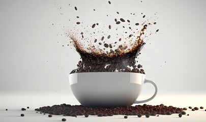  a cup of coffee with a lot of coffee beans coming out of it on a white table with a gray background and a splash of coffee beans coming out of coffee.  generative ai