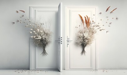 two doors with dried flowers on them in a room with a door open to the other side of the room and a door with a door with the same design.  generative ai