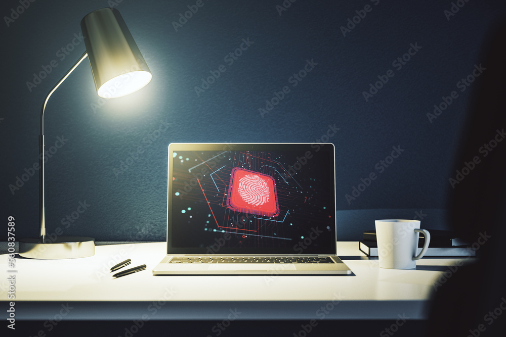 Aufkleber Abstract creative fingerprint hologram on modern computer monitor, protection of personal information concept. 3D Rendering