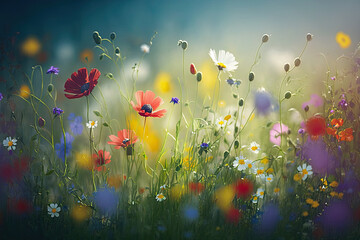 Colorful flower meadow in spring , generative artificial intelligence 