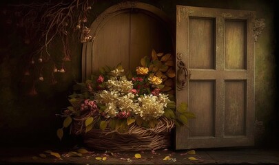 Fototapeta na wymiar a basket of flowers sitting in front of a door with a wooden frame on the side of the door and a tree branch hanging over the door. generative ai