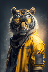 tiger as man in a yellow jacket