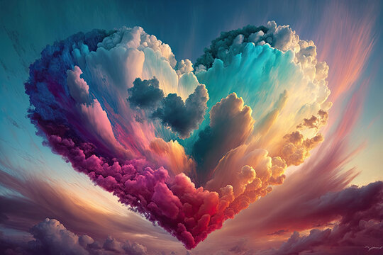  Colorful heart shape cloud in the sky , generative artificial intelligence 