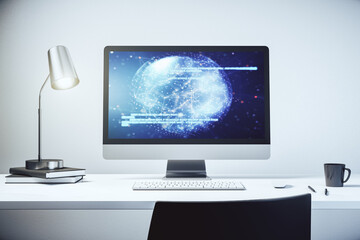 Modern computer display with abstract software development hologram and world map, global research and analytics concept. 3D Rendering