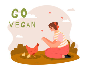 hand-drawn cruelty-free and vegan concept with woman with chicken. vector illustrator