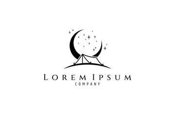 camping tent logo on meadow with crescent moon and stars background
