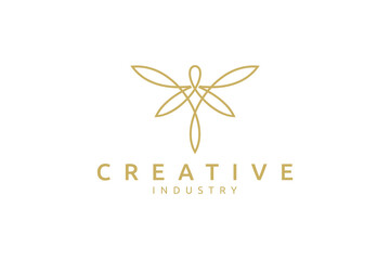 beautiful dragonfly logo with gold color linear concept - obrazy, fototapety, plakaty