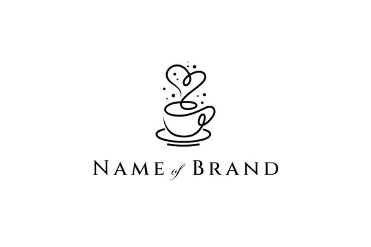 Coffee cup logo design vector with heart shaped puff of smoke in linear style.