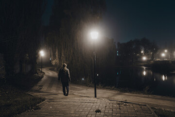 Walking along the alley in night foggy park
