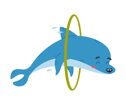 Cute dolphin jumping through hoop. Funny dolphinfish performing in dolphinarium cartoon vector illustration