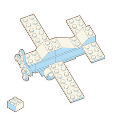 Airplane made by blocks. Toy building block, bricks for children. Vector isometric illustration. Colored bricks isolated on background.