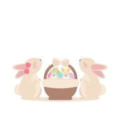 Easter rabbits in a basket. Painted eggs. Vector illustration.