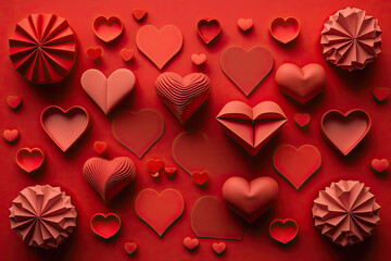 red hearts isolated on red background. love valentines day concept. Generative AI