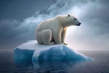 Naklejka na ściany i meble Global Warming - Polar bear on ice floe Melting iceberg global, Generative AI.
