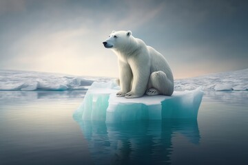 Naklejka na ściany i meble Global Warming - Polar bear on ice floe Melting iceberg global, Generative AI.