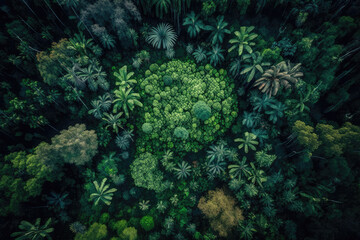 Fototapeta na wymiar aerial view of a green rainforest with trees standing together. Generative AI