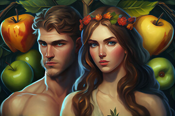 Adam And Eve With Apple Background - obrazy, fototapety, plakaty