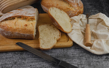 Crusty bread on rustic background with bannetone