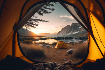 Morning wake up camping in the woods at lake view inside the tent - Ai generative - obrazy, fototapety, plakaty