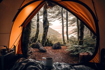 Morning wake up camping in the woods view inside the tent - Ai generative - obrazy, fototapety, plakaty