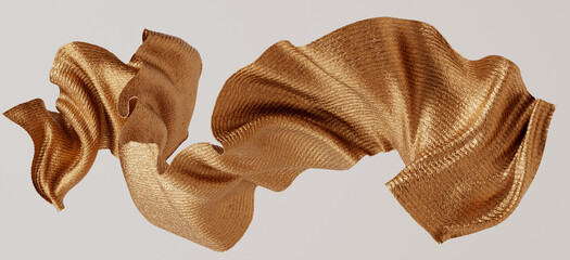 Golden flying fabric piece of cloth, floating fabric folds 3d rendering, gold material textile texture