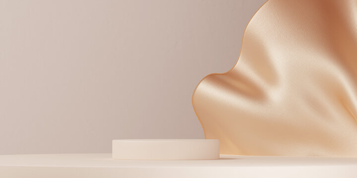 Podium for product presentation. Background image with golden fabric decorative element. 3d rendering fashion object display.