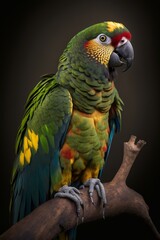 A majestic parrot standing on a tree branch, clean sharp focus, national geographic, higly detailed fur, soft shadows, no contrast, f-stop 1.8, blurry background, professional color grading.