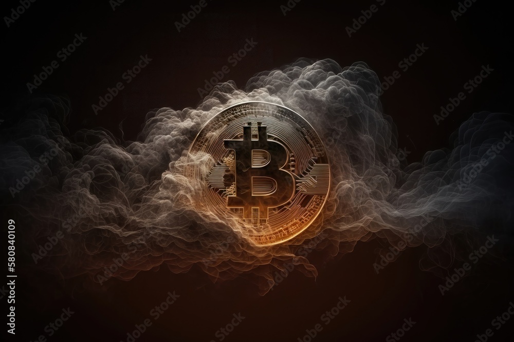 Wall mural bitcoin with glowing lights and smoke. gold symbol on black background. ai generation