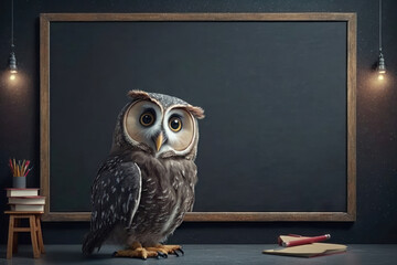 Illustration of an Owl stands on Blank Blackboard. AI generation