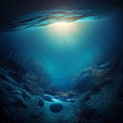 Fototapeta na wymiar Underwater Sea - Deep Water Abyss With Blue Sun light
