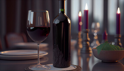 Luxury wine bottle and glass on table , generative AI