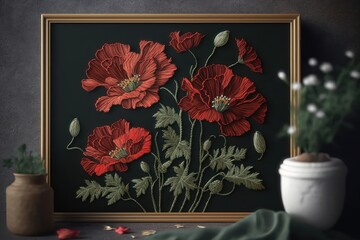 Embroidered red flowers. Floral print. AI generation