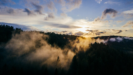 Beautiful view of a mountain with the sunset in the evening. Bieszczady mountains, Poland.