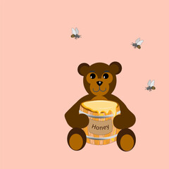  On a pink background sits a toy bear with a barrel of honey. Bees fly around.