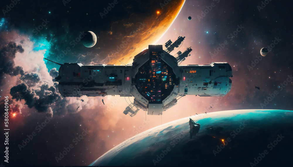 Canvas Prints space station in outer space - space wallpaper - generative ai