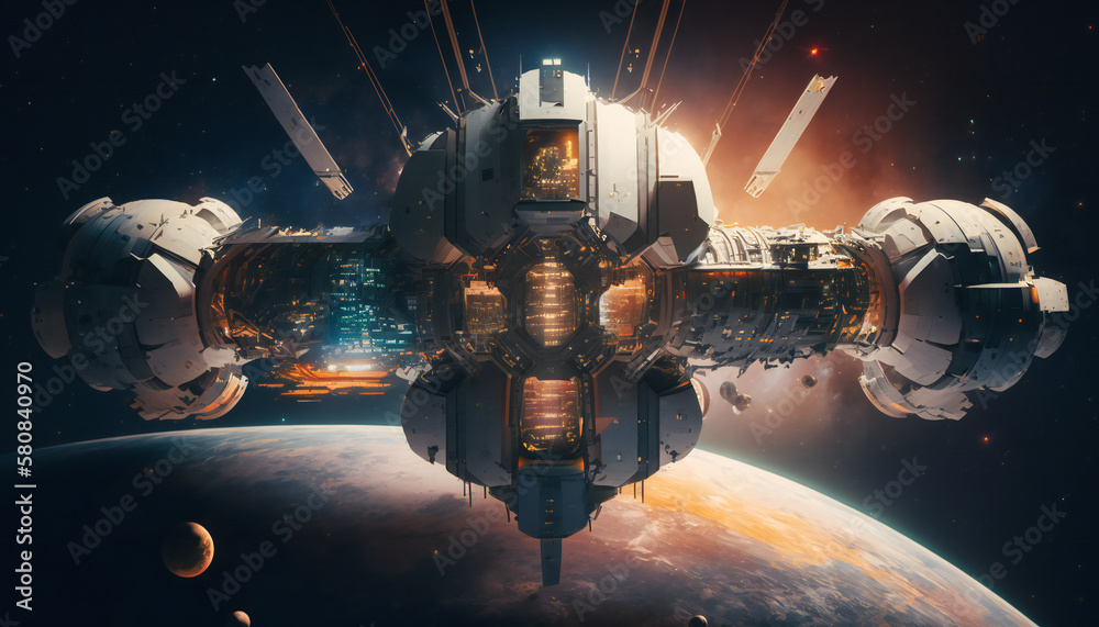 Canvas Prints space station in outer space - space wallpaper - generative ai