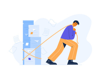 A tired man with stacks of office papers and documents. Overwork and stress at work. Vector flat illustration isolated on the white background.