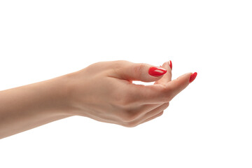 Closeup of female hand with pale skin and red nails pointing or touching.