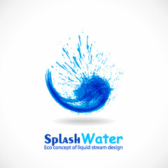 Blue ink splash logo. Abstract colorful falling water wave. Eco fluid stream design. Vector clean water concept template. Grunge symbol