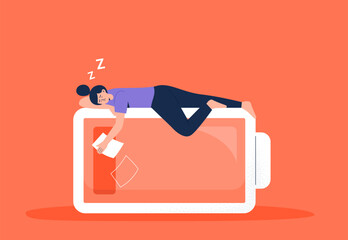 A young woman feels weak and tired. Low energy level. Emotion exhaustion and burnout at work. Vector flat illustration isolated on the white background.