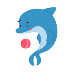 Cute dolphin performing with ball in dolphinarium cartoon vector illustration