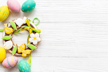 Easter Bunny cookies with eggs top view. Happy Easter background