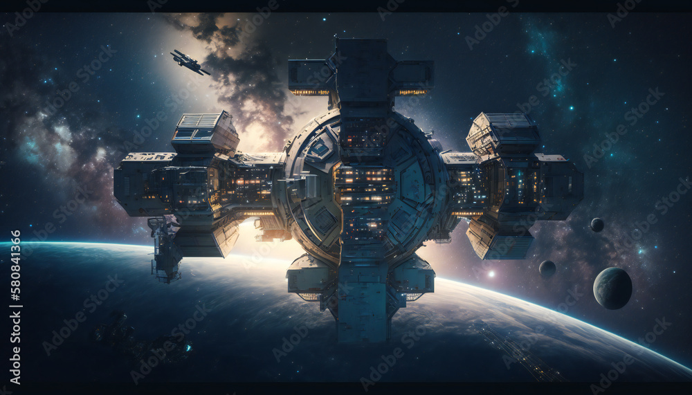 Canvas Prints space station in outer space - space wallpaper - generative ai