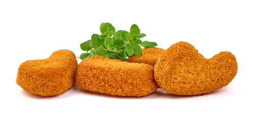Deep fried chicken fillet in breadcrumbs, isolated on white background.