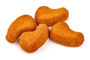 Deep fried chicken fillet in breadcrumbs, isolated on white background.