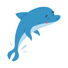 Gordijnen Cute friendly blue dolphin jumping cartoon vector illustration © topvectors
