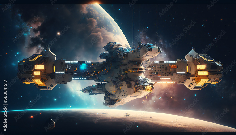 Canvas Prints space station in outer space - space wallpaper - generative ai