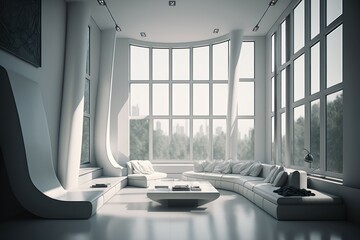 Fototapeta na wymiar Modern, future minimalist interior on white color, big windows in living room. AI generated, human enhanced.