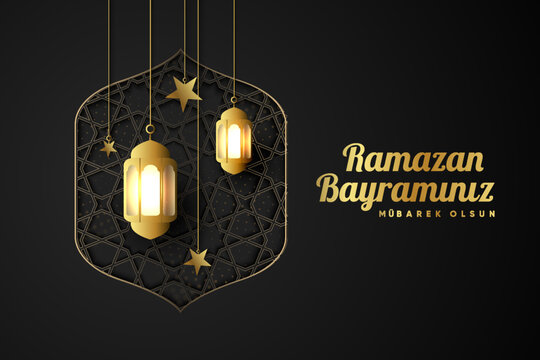 Islamic greetings ramadan kareem card design background with lanterns and crescent moon. (Translation: Ramazan bayramınız mubarek olsun.)